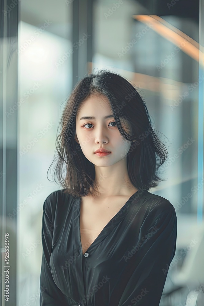 a asian girl standing in office with blurred background, real face, generative ai a asian girl standing in office with blurred background, real face, generative ai