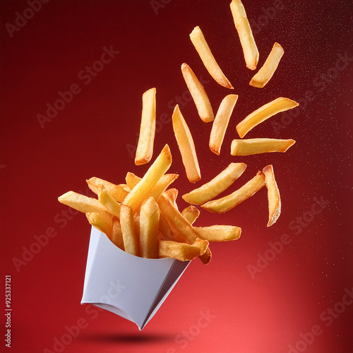 Crispy French Fries Presented Both As Flying And Falling Onto A Table With A Red Background Food Photography Commercial Kitchen And Food Truck Copy Space 300 PPI High Resolution Image