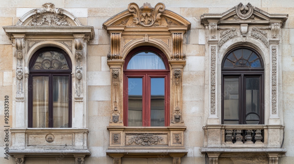 Ornate Architectural Windows on a Stone Building Facade Ornate Architectural Windows on a Stone Building Facade