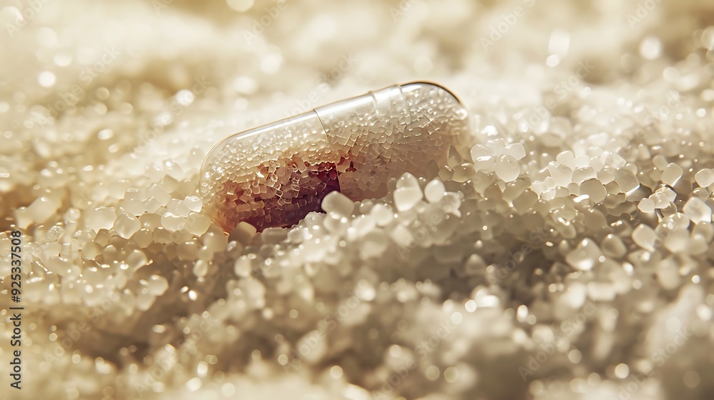 Detailed view of a capsule half buried in sweet granules sugar coated secrets