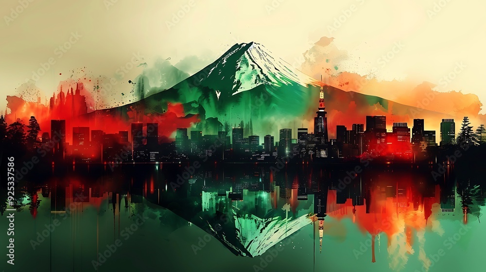 Compose a watercolor painting of the Japanese flag as the backdrop ...