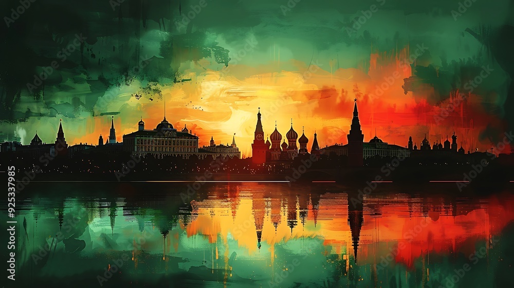 Naklejka premium Compose a watercolor painting of the Russian flag as the backdrop, with the silhouette of Moscow’s architectural wonders, including the Kremlin and St. Basil's Cathedral,