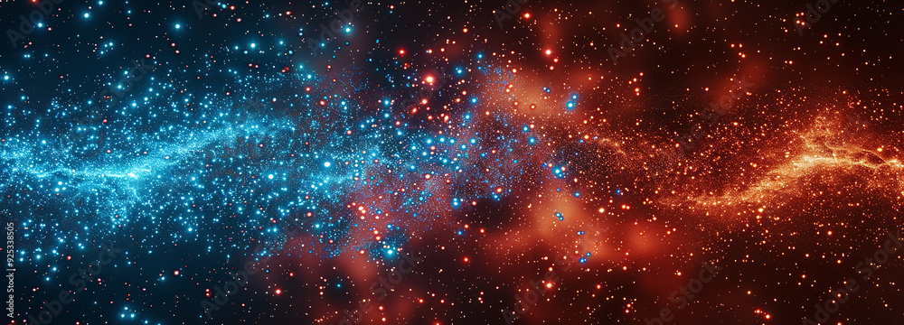 Obraz premium Red and blue particles. Fire vs ice, heat flame and cold frost ice scattered elements on dark galaxy universe background