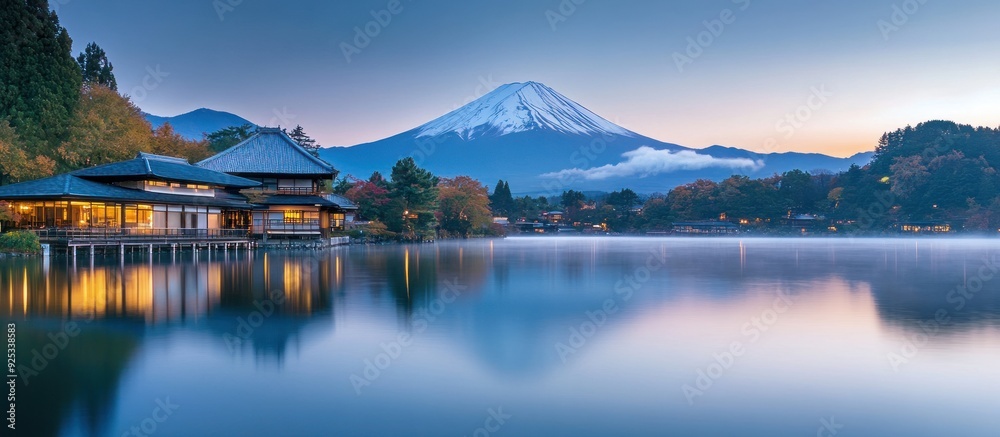 Obraz premium Japanese House and Mountain Reflection on a Still Lake at Dusk