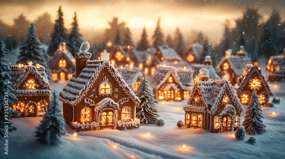 Cozy gingerbread village in snow - generative ai Cozy gingerbread village in snow - generative ai