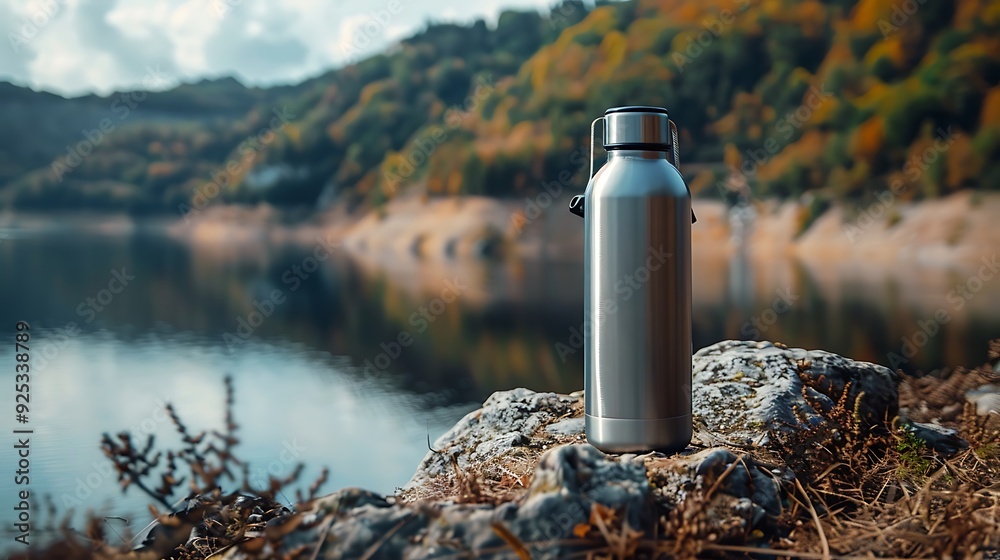 Detailed view of a steel eco therm water bottle with a backdrop of a lake in the hills