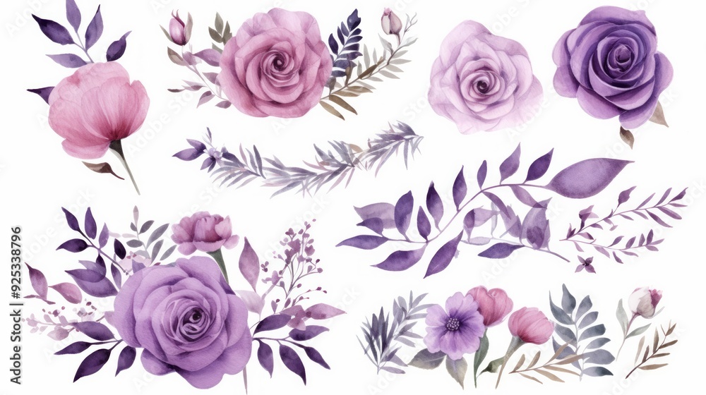 set of different fresh flowers in lilac colors on a white background. Neural network ai generated art set of different fresh flowers in lilac colors on a white background. Neural network ai generated art