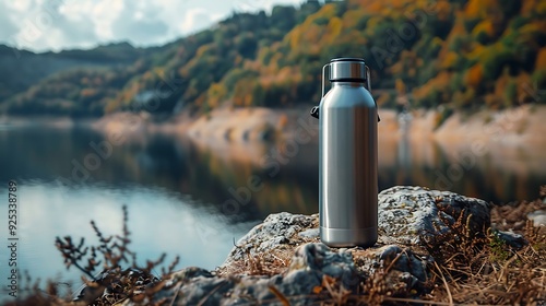 Obraz na płótnie Detailed view of a steel eco therm water bottle with a backdrop of a lake in the hills w salonie