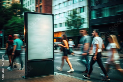 Blank vertical billboard standing on busy pedestrian street with people shopping