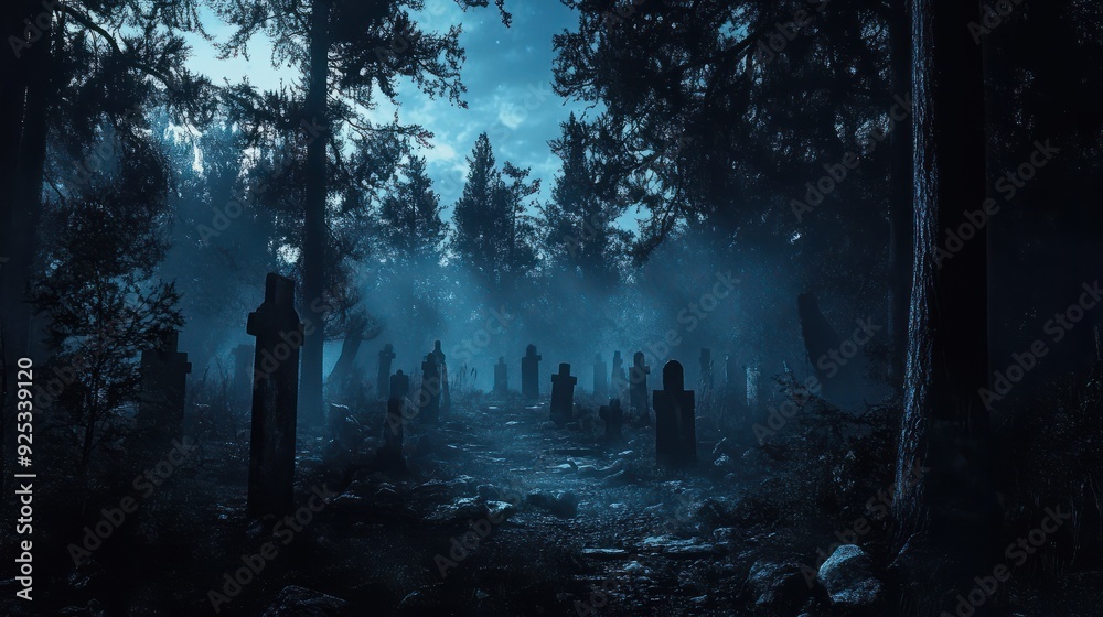 Graveyard in spooky death Forest At Halloween Night. Graveyard in spooky death Forest At Halloween Night.