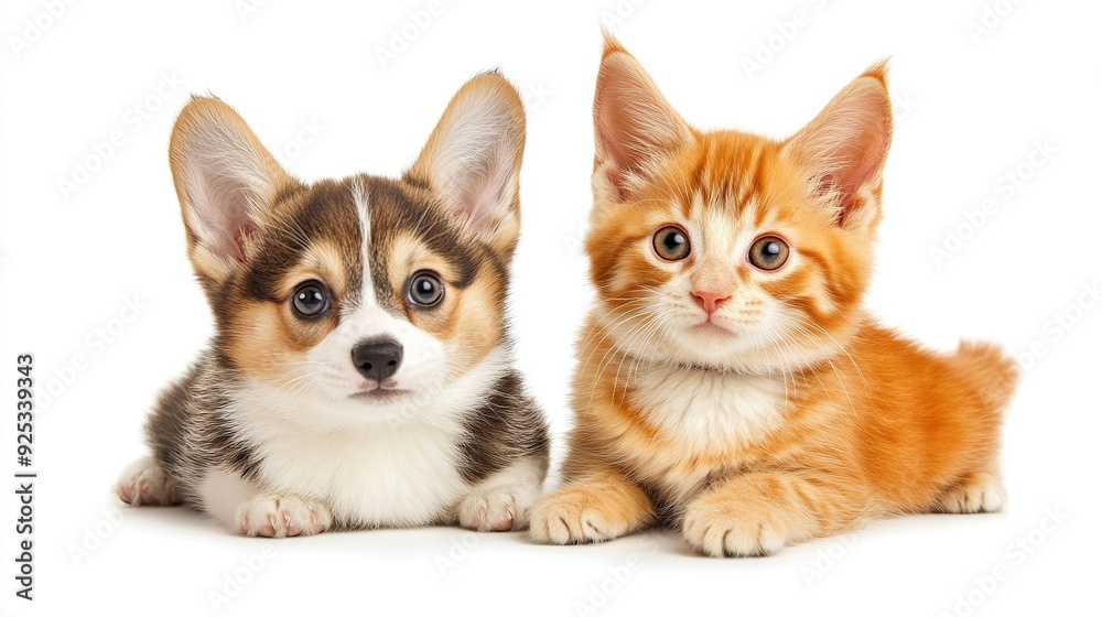 Obraz premium A cute corgi puppy and ginger kitten looking at the camera, lying down side-by-side on a white background.