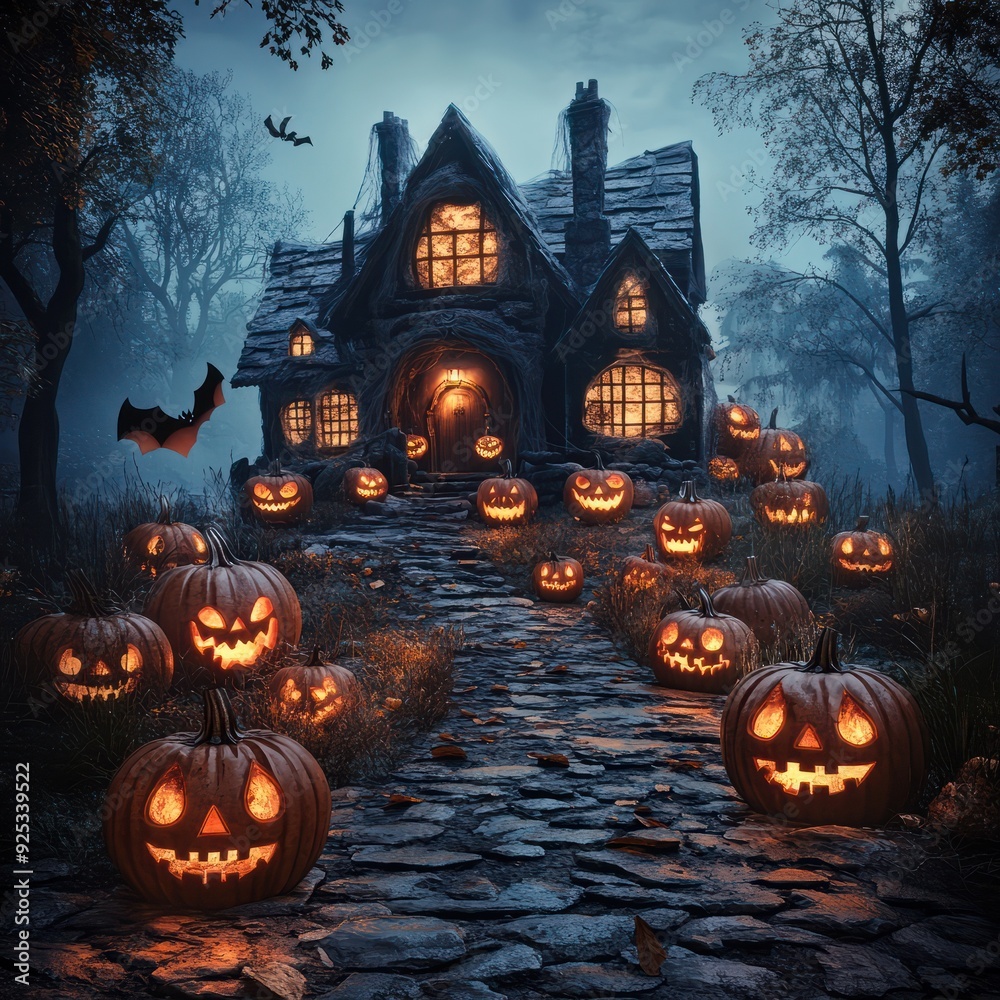 Halloween background with pumpkins and haunted house - 3D render. Halloween background with Evil Pumpkin. Spooky scary dark Night forrest. Holiday event halloween banner background Halloween background with pumpkins and haunted house - 3D render. Halloween background with Evil Pumpkin. Spooky scary dark Night forrest. Holiday event halloween banner background