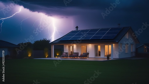 15 solar panels at night on the roof of a small house during a thunderstorm in summer. Concept of solar panels performance when struck by lightning