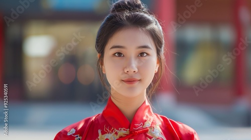 A young woman in traditional red attire stands outdoors, showcasing cultural pride and elegance with a serene and confident expression. photo