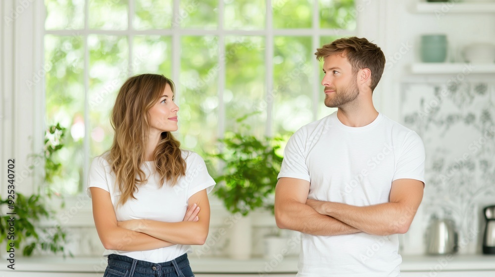 A young couple in white t-shirts stand facing each other with confused expressions and slightly raised eyebrows. Both are standing straight with their arms crossed. A young couple in white t-shirts stand facing each other with confused expressions and slightly raised eyebrows. Both are standing straight with their arms crossed.