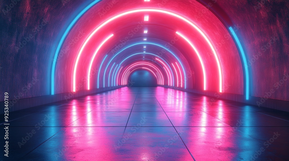 Neon lit futuristic tunnel with reflective floor - generative ai Neon lit futuristic tunnel with reflective floor - generative ai