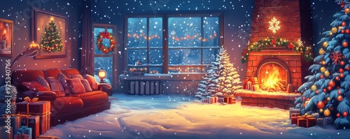 Adorable Christmas eve character cartoon. A collection of 2D Christmas images and characters. Santa Claus, snowman, house, and trees in a Christmas wallpaper.