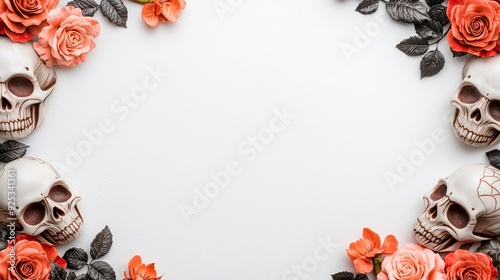 Fototapeta Naklejka Na Ścianę i Meble -  A creative arrangement of skulls and roses, perfect for Halloween themes or gothic designs, showcasing beauty and mortality.