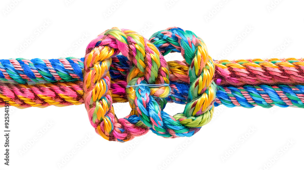 Colorful rope intertwined in a knot, a close-up of a colorful knotted rope isolated on transparent background with copy space Colorful rope intertwined in a knot, a close-up of a colorful knotted rope isolated on transparent background with copy space