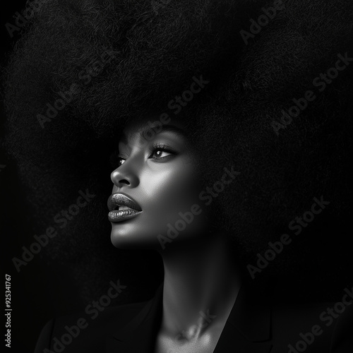 Portrait of a beautiful woman with afro hair. Beautiful monochrome photo of African American with afro style. African ethnicity, fashion, dermatology, make up concept. Black and white photo