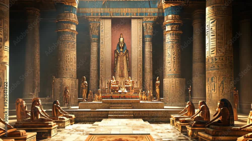 Ancient Egyptian temple interior with pharaoh statues and hieroglyphs ...