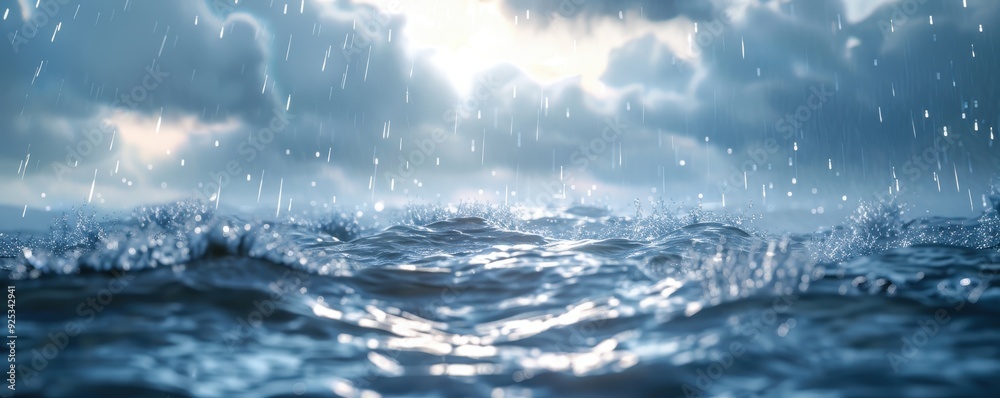 A dramatic ocean scene with raindrops falling, dark clouds overhead, and soft light breaking through, creating a dynamic and moody atmosphere. A dramatic ocean scene with raindrops falling, dark clouds overhead, and soft light breaking through, creating a dynamic and moody atmosphere.