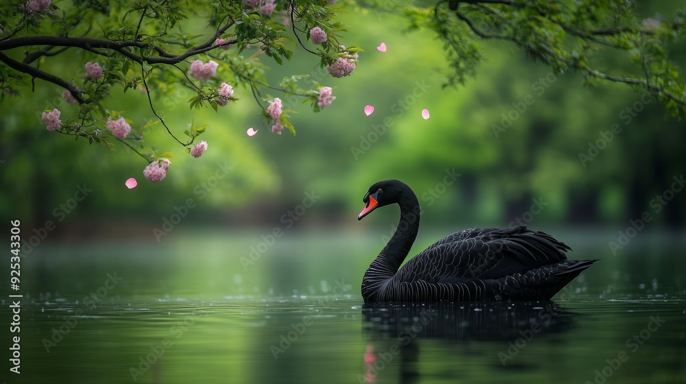 Obraz premium A black swan gliding gracefully on a tranquil lake surrounded by blooming cherry blossoms in a serene park during spring