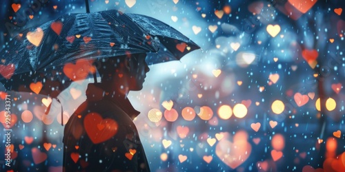 A person with an umbrella in the rain. Heart-shaped lights falling around. photo