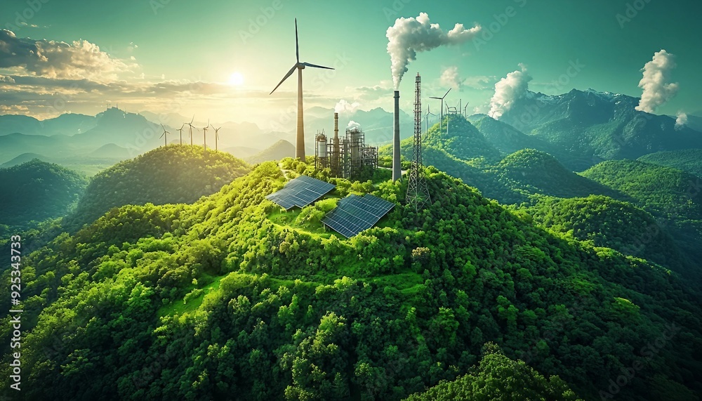 Obraz premium Green Energy Solutions: Powering the Future with Renewable Resources, renewable energy facility with a green background