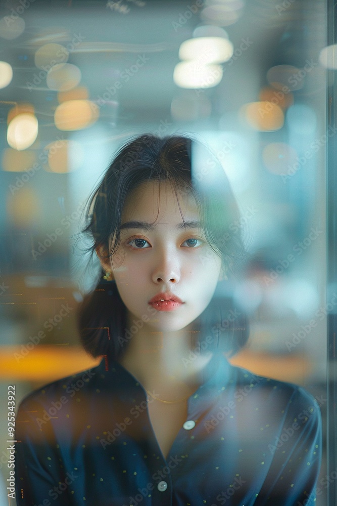 a asian girl standing in office with blurred background, real face, generative ai