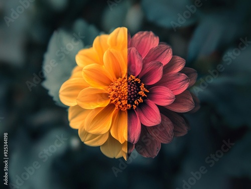 A flower with one side vibrant and the other side fading