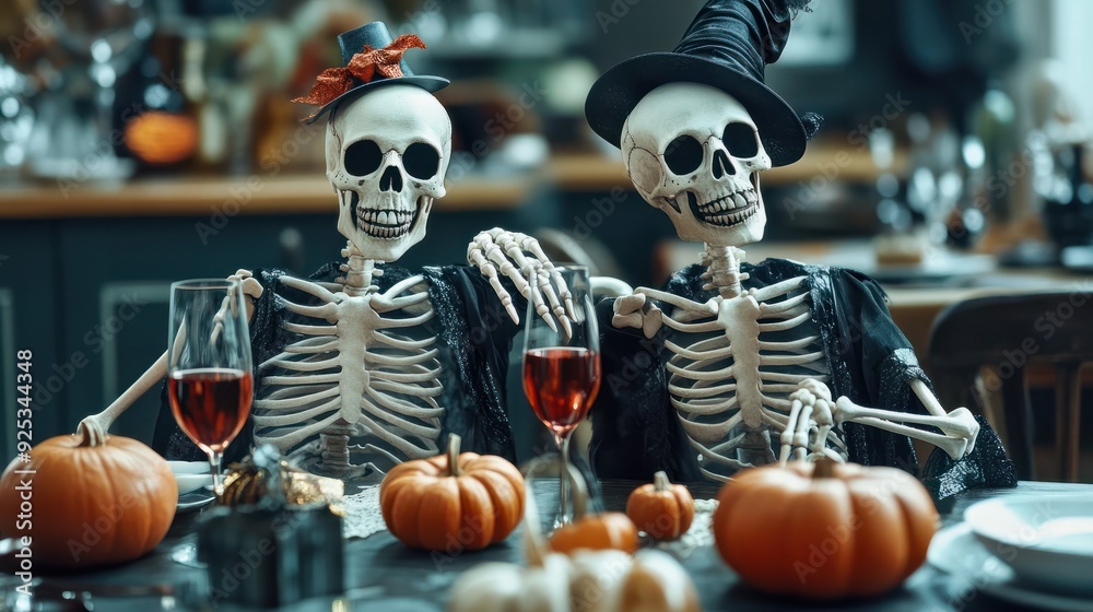 skeletons in stylish festive outfit sitting at the table and celebrating Halloween