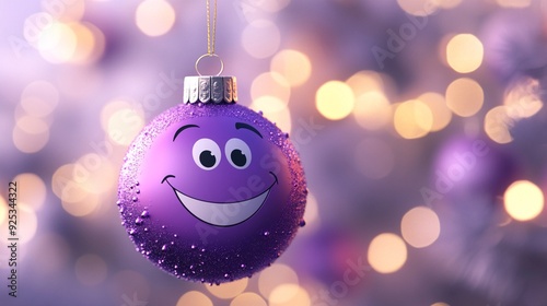 A 3D Christmas bauble with a joyful face on a pastel lilac background