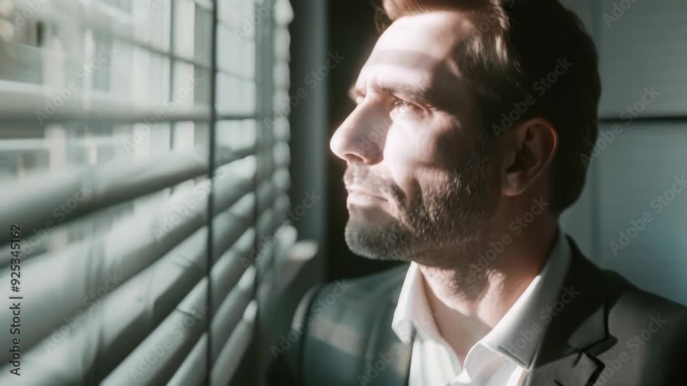 A businessman in a suit looks thoughtfully out of a window with blinds A businessman looking thoughtful while gazing out of a window A businessman in a suit looks thoughtfully out of a window with blinds A businessman looking thoughtful while gazing out of a window