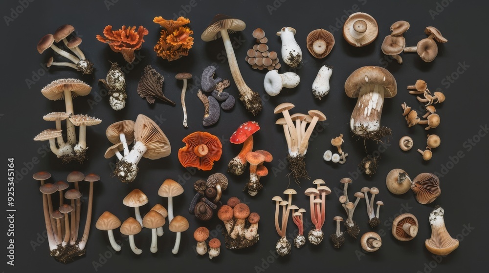 An extensive collection of mushrooms neatly arranged on a dark surface, showcased in an impressive display of fungal diversity. An extensive collection of mushrooms neatly arranged on a dark surface, showcased in an impressive display of fungal diversity.