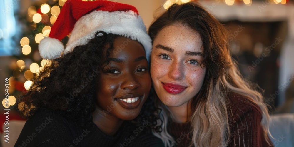 Friends celebrating Christmas together, wearing Santa hats, smiling and posing for a photo in front of a Christmas tree. Holiday festive cheer. Friends celebrating Christmas together, wearing Santa hats, smiling and posing for a photo in front of a Christmas tree. Holiday festive cheer.