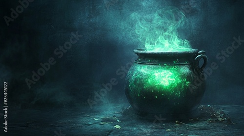 A cauldron filled with a glowing green potion on a dark creepy background