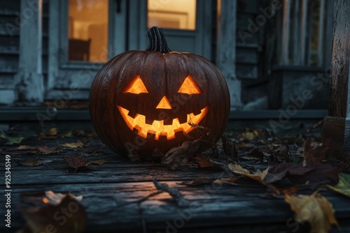 A jack-o-lantern with a sinister smile on a gloomy porch background
