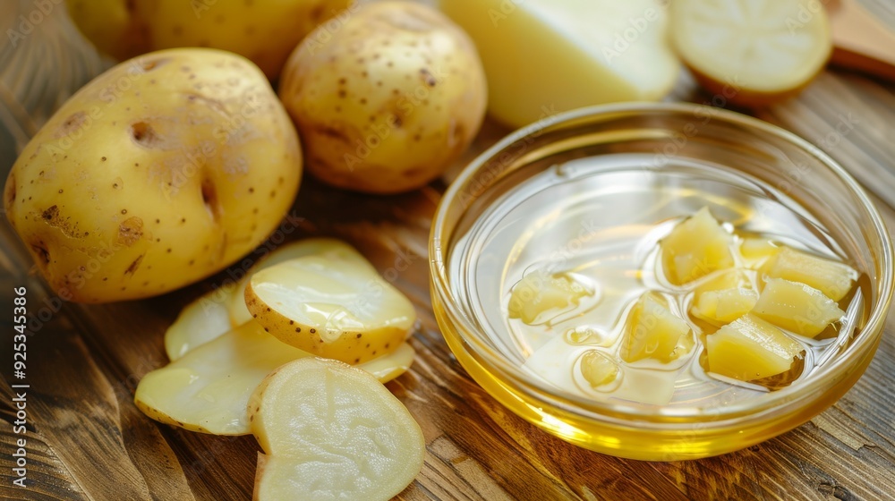 Freshly mashed potatoes with a bowl of melted butter sit on a rustic wooden table, exuding warmth and homeliness. Freshly mashed potatoes with a bowl of melted butter sit on a rustic wooden table, exuding warmth and homeliness.