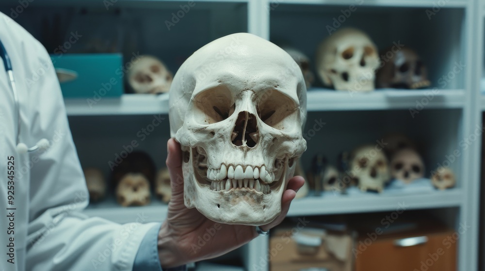 A scientist examining a detailed human skull in a clinical lab, surrounded by various anatomical specimens, emphasizing meticulous research.