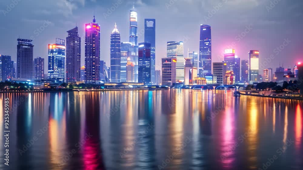 A cityscape of Shanghai with modern skyscrapers lit up at dusk, reflecting in the calm river water A bustling city skyline with twinkling lights and reflections in a tranquil river below A cityscape of Shanghai with modern skyscrapers lit up at dusk, reflecting in the calm river water A bustling city skyline with twinkling lights and reflections in a tranquil river below