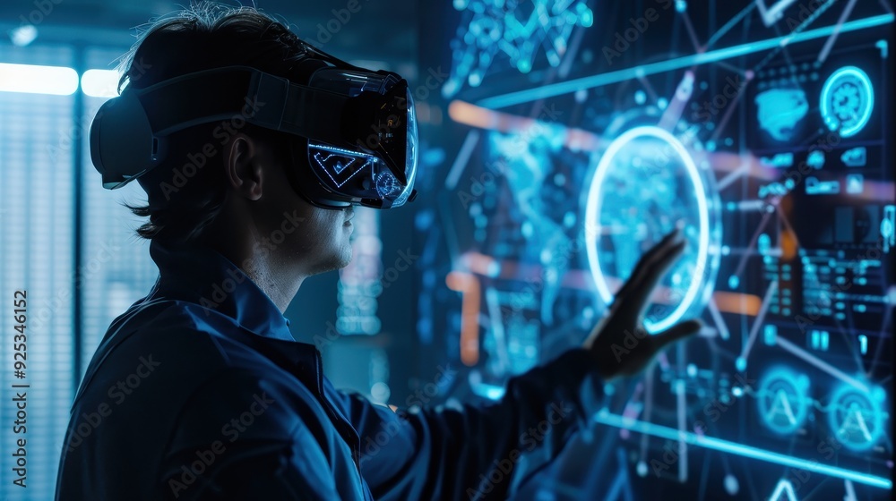 Man using virtual reality headset interacting with immersive digital interface at futuristic technology workplace with holographic displays.