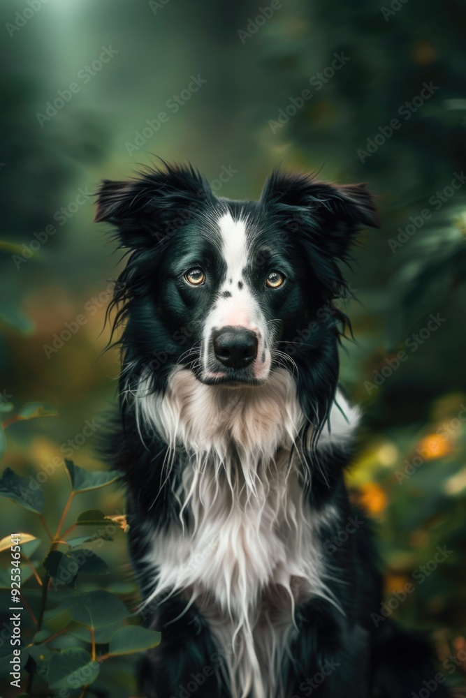 Collie puppy gazing out into a misty forest, with the dog's wet fur indicating it might have just been in water. Collie puppy gazing out into a misty forest, with the dog's wet fur indicating it might have just been in water.