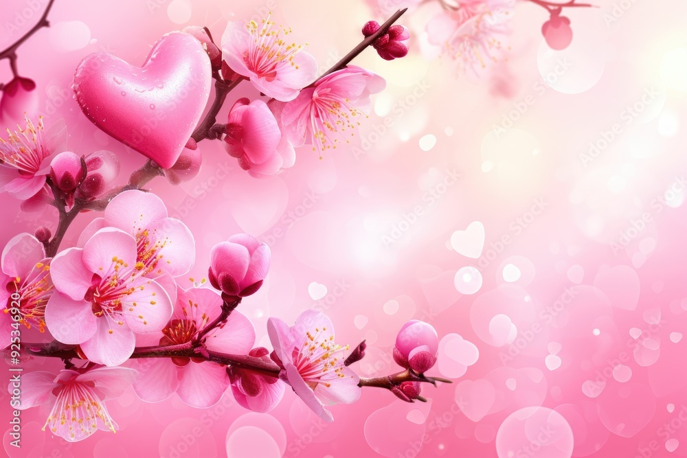 Spring time floral background with cherry blossoms and hearts floating around Spring time floral background with cherry blossoms and hearts floating around