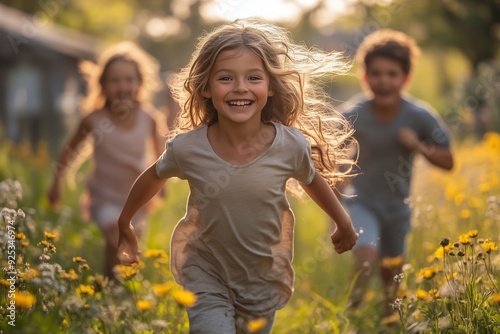 Children running joyfully through a flower-filled meadow during golden hour at a rural location