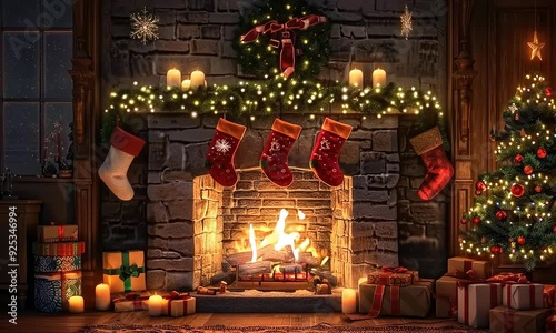 fireplace with christmas decorations, seamless looping time-lapse virtual video animation background