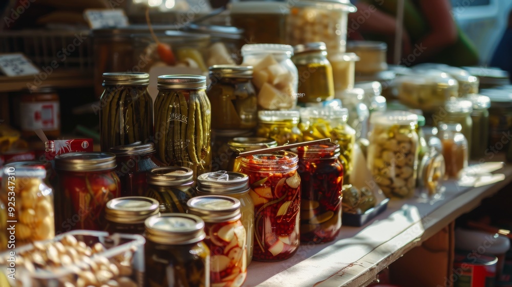Sunlit market stall displaying assorted jars of pickles and preserves, evoking a sense of culinary tradition and craftsmanship. Sunlit market stall displaying assorted jars of pickles and preserves, evoking a sense of culinary tradition and craftsmanship.