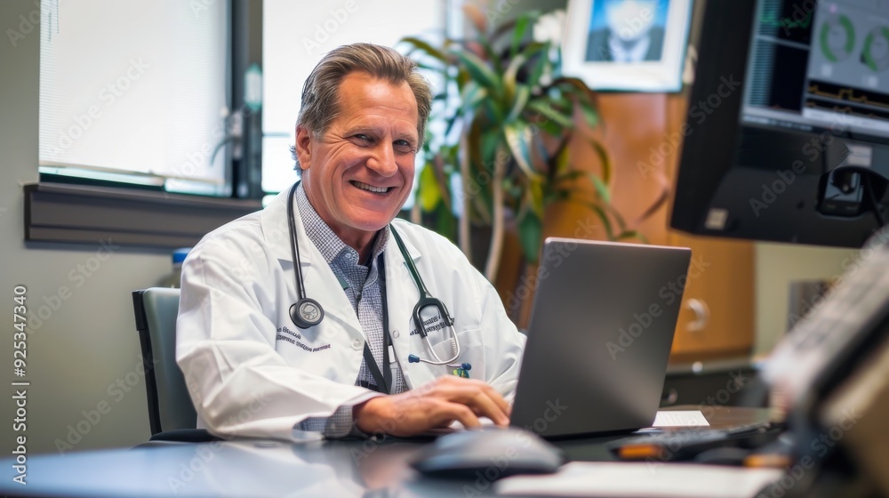 Smiling doctor in a white coat works on a laptop in a well-lit office, radiating professionalism and warmth. Smiling doctor in a white coat works on a laptop in a well-lit office, radiating professionalism and warmth.