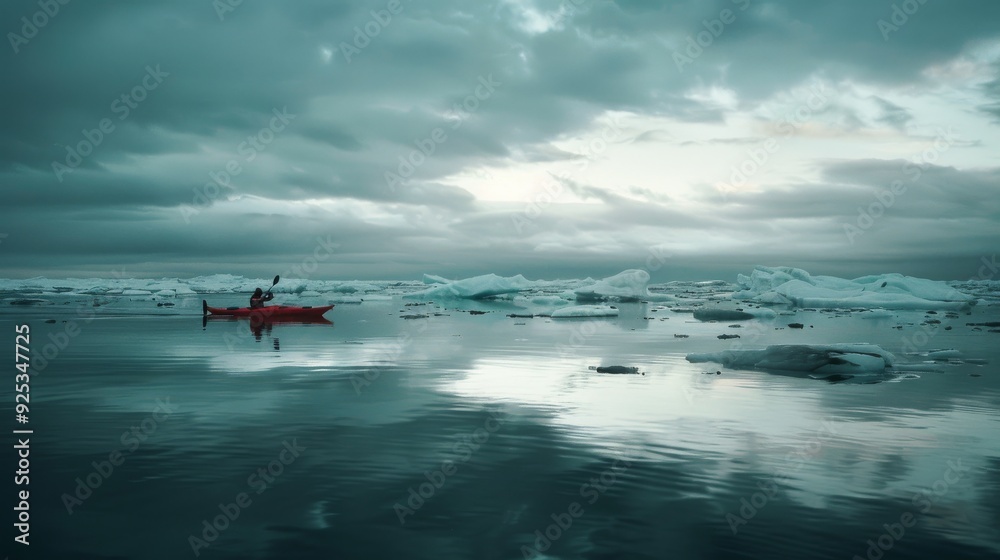 Fototapeta premium A solitary kayaker in a red kayak paddles through icy waters under a moody, cloudy sky, surrounded by floating icebergs, creating a tranquil yet intense scene.