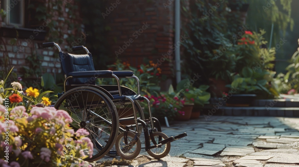 custom made wallpaper toronto digitalA solitary wheelchair placed in a sunlit, vibrant garden path, evoking a sense of abandonment amidst the lively flora.